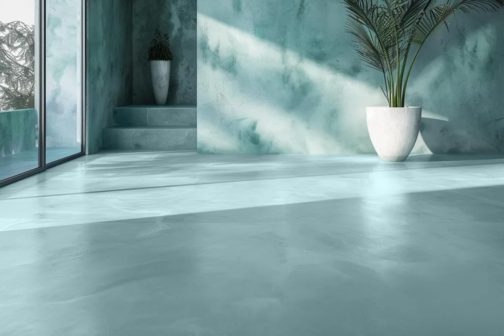 Microcement flooring pastel turquoise